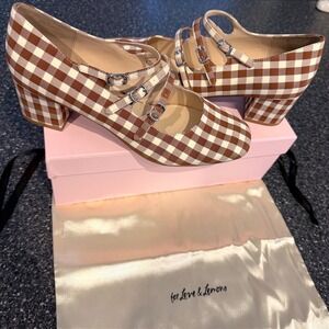New For Love & Lemons Jolie Heels Brown Gingham Strap Mary Jane Size 38 US 8 NIB